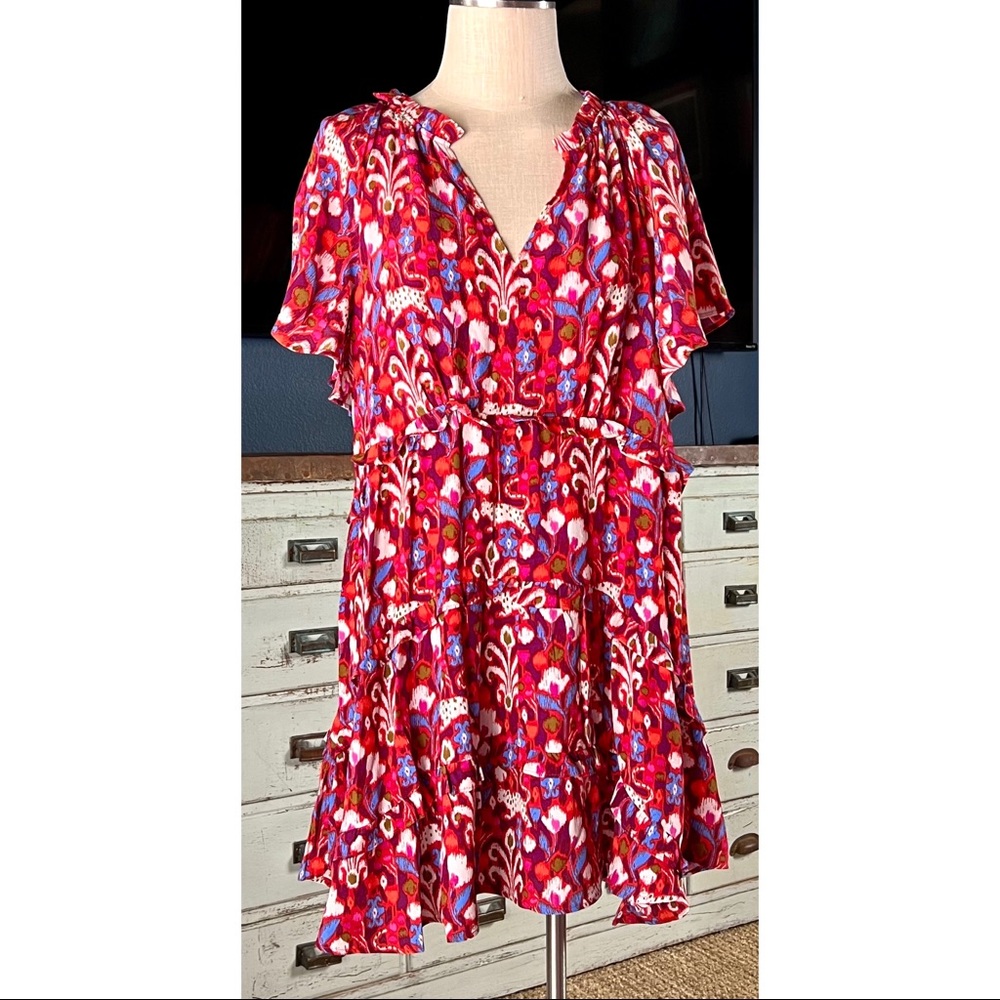 Anthropologie Robin Tiered Whimsical Cat Red Mini Dress L